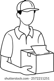 courier in a cap with a box in his hands or delivery man with a parcel without background