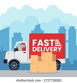 Courier in car smiling vector illustration