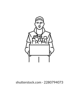 Courier with cardboard box with cosmetics black line icon. Delivery service. Pictogram for web page, mobile app, promo.