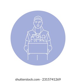 Courier with cardboard box with cosmetics black line icon. Delivery service. Pictogram for web page, mobile app, promo.