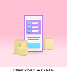 Courier carga entrega aplicación para smartphone servicio digital de logística postal Icono 3d ilustración vectorial realista. Envío de pedido de compra en línea de la caja de cartón de teléfono móvil transporte de carga