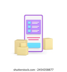 Ilustración vectorial realista del icono 3d del servicio logístico postal de la aplicación del smartphone de la entrega de la carga del mensajero. Envío de pedido de compra en línea teléfono móvil caja de cartón transporte de carga