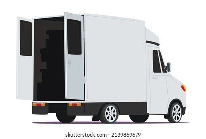 Courier Cargo Truck with Open Doors Rear View Isolated on White Background. Delivery Service Van, Lorry Ready for Shipping Goods and Freight, Commercial Transport Company. Cartoon Vector Illustration