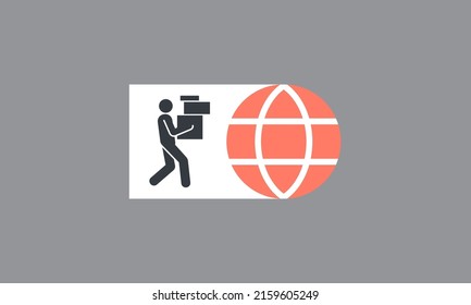Courier carries the boxes. Lots of mailboxes in hand. , service international delivery icon. globe, vector isolated illustration