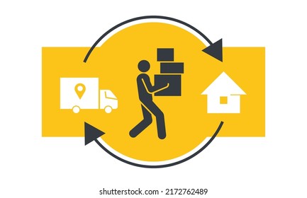 Courier lleva las cajas. Muchos buzones de correo en mano. servicio Moving house, icono de entrega. ilustración de vector aislado