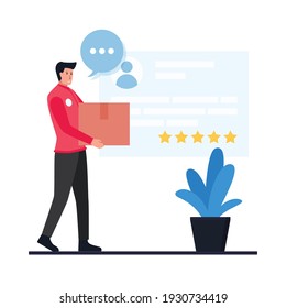 The courier carries the package standing next to the mobile screen with a review.