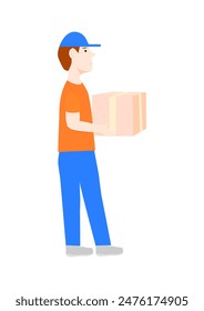 The courier carries a packed box. Isolated vector illustration on white background