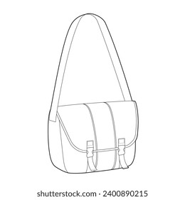 Courier Carryall Messenger Bag. Fashion accessory technical illustration. Vector satchel front 3-4 view for Men, women, unisex style, flat handbag CAD mockup sketch outline isolated