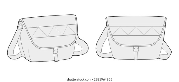 Courier Carryall Messenger Bag silhouette. Fashion accessory technical illustration. Vector satchel front 3-4 view for Men, women, unisex style, flat handbag CAD mockup sketch outline isolated