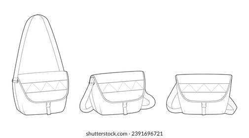 Courier Carryall Messenger Bag silhouette. Fashion accessory technical illustration. Vector satchel front 3-4 view for Men, women, unisex style, flat handbag CAD mockup sketch outline isolated