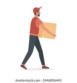 Paquete de caja de transporte de mensajería. Repartidor, servicio de entrega express Ilustración vectorial de dibujos animados