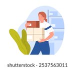 Courier carrying boxes, girl holding paper bags from post office vector illustration