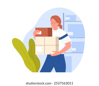 Courier carrying boxes, girl holding paper bags from post office vector illustration