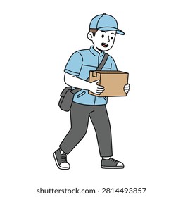 Courier carrying cardboard package box while walking carefully to deliver order, flat vector illustration isolated on white background.
