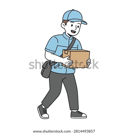 Courier carrying cardboard package box while walking carefully to deliver order, flat vector illustration isolated on white background.