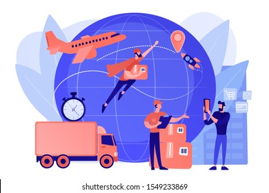 Courier carrying order, delivering parcel. Express cargo delivery service, air freight logistics and distribution, global postal mail concept. Pinkish coral bluevector isolated illustration