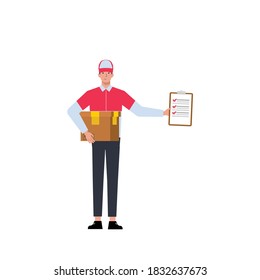 A courier carrying packages and checklists