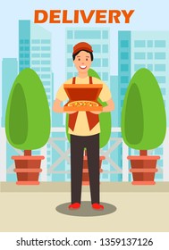 Courier Carrying Pizza Box Vector Illustration. Delivery Service Cartoon Poster, Brochure with Lettering. Cafe Worker Standing at Outdoor Terrace. Teenage Delivery Man Flat Character
