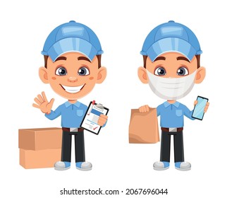 Courier cartoon character, set of two poses. Funny delivery man