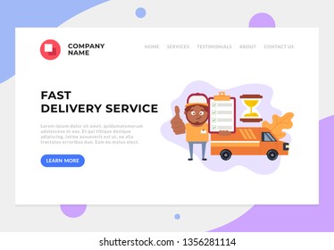 Courier character delivering service shipment concept. Fast delivery vector flat graphic design banner web page illustration