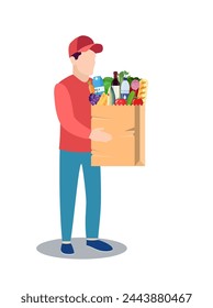 courier character delivery service icon. Man courier delivered Package food to customer. Concept for online shop or e-shop. Vector illustration in flat style