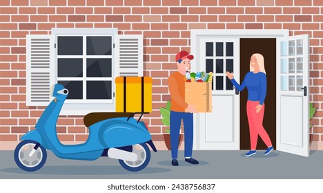 courier character delivery service. Man courier delivered Package food to customer. Concept for online shop or e-shop. Vector illustration in flat style