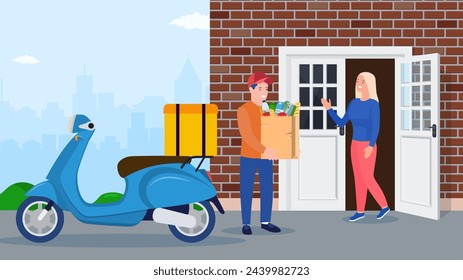 courier character delivery service. Man courier delivered Package food to customer. Concept for online shop or e-shop. Vector illustration in flat style