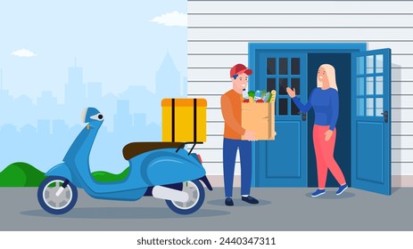 courier character delivery service. Man courier delivered Package food to customer. Concept for online shop or e-shop. Vector illustration in flat style