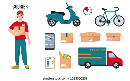 Courier character, delivery supplies and equipment for his work. Profession people concept. Vector illustrations isolated on white background.