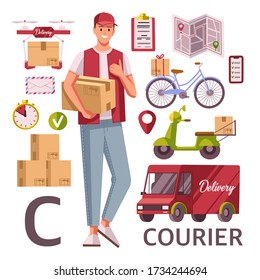 Courier character and delivery supplies icons arranged around it. Flat style vector illustration. Young man with boxes and hand ok sign. Alphabet Profession. Letter C - Courier. Delivery icons set.