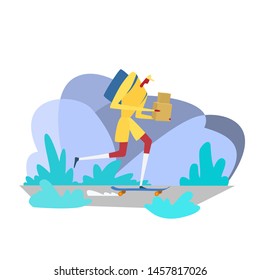 Courier character on skate. Delivery service, cargo industry. postal worker in uniform with parcels. Isolate vector illustration