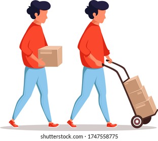 Courier character with parcels in different poses. Delivery service concept. Vector illustration in flat style.