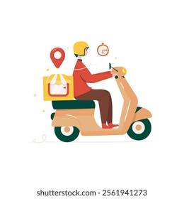 Courier character with scooter for delivery service concept, Online shopping with shipping service, Vector illustration