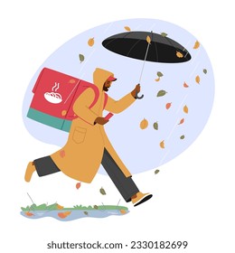 Courier Character with Smartphone and Umbrella proporciona un servicio de entrega de alimentos rápido y eficiente, asegurando que los paquetes lleguen a su destino en tiempo récord. Ilustración de vectores de personas de caricatura