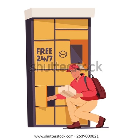 Courier character using free round-the-clock self service public electronic parcel lockers for package shipping to addressee cartoon. Automatic safety street post office station vector illustration