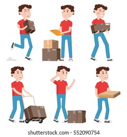 Courier characters,delivery man holding boxes in different poses.Shipping, logistics service in business and industry. Flat style vector

