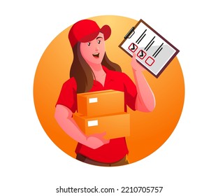 courier checks delivery data and ready to send goods