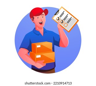 courier checks delivery data and ready to send goods