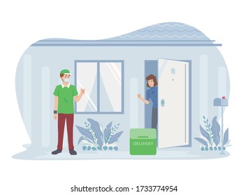 The courier contactless delivered the goods in a medical mask. Safe delivery isolated vector illustration.