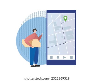 Courier creating delivery route with GPS tracking system. Faceless guy with parcel under arm looking at digital map on large smartphone screen. Flat vector illustration