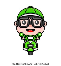 courier cute character with by riding a motorbike line art illustration