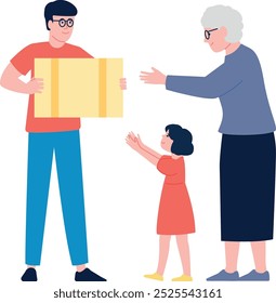 Courier deliver cardboard box to old lady. Shipping service