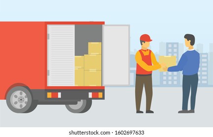 courier deliver goods to people using truck with city as background 