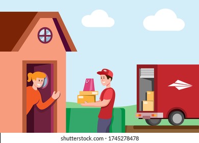 Courier deliver package to customer in home village with truck, courier delivery service express concept in cartoon flat illustration vector