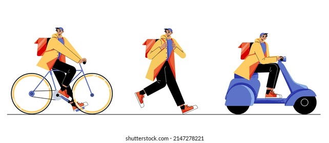 Courier deliver parcels on bicycle, by feet and scooter. Shipping service worker with correspondence, mail, documents, food, order transportation to customer, Cartoon line art flat vector illustration