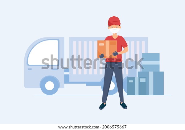 Courier delivered the goods wearing a mask and\
gloves. Logistics and transportation. The concept of fast delivery\
and shipping. Delivery of parcels by courier. Vector illustration\
in flat cartoon