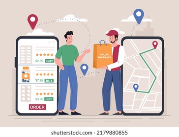 Courier delivered medicines client. Employee of medical company holds bag with pharmaceutical products in his hands. Home shipping services. Online order in app. Cartoon flat vector illustration