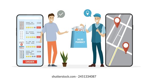 Courier entregó medicamentos a un cliente feliz. Un repartidor caucásico tiene un paquete de drogas en la mano. Farmacia en línea, App móvil. Envío rápido de píldoras para el consumidor, farmacia en Internet. Vector plano