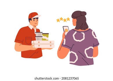 Courier with delivered pizza boxes and customer with phone ranking delivery service and leaving feedback about work of deliveryman in app. Flat vector illustration isolated on white background