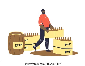 Courier delivering beer in bottles and wood barrel to pub, bar or beer shop. Cartoon delivery man carry box with beer bottles. Flat vector illustration